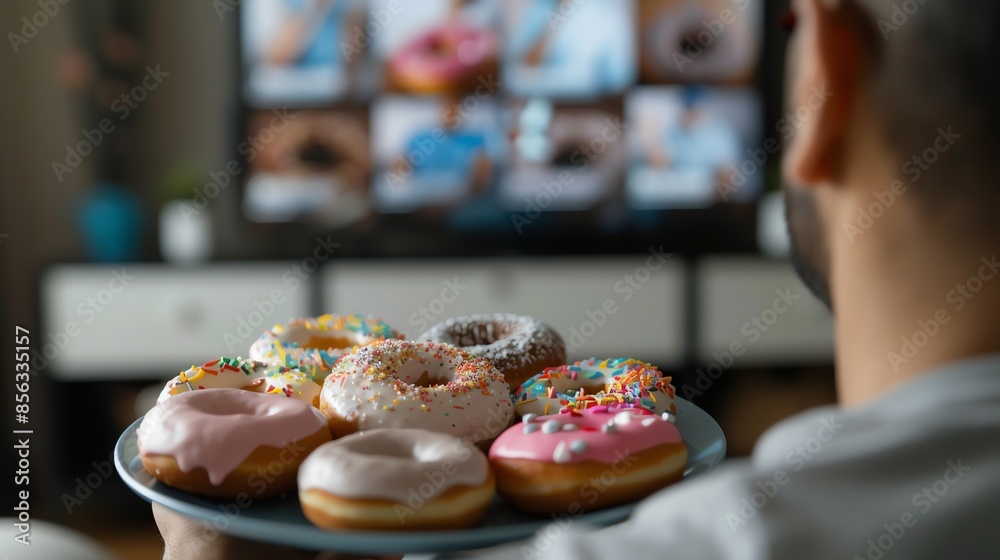 Man holding a plate of colorful donuts while watching a TV show. Leisure and indulgence at home with sweet treats and entertainment.