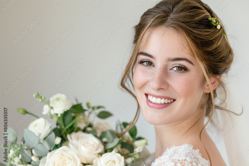 Beaming young bride poses with her stunning wedding bouquet, radiating joy and love in a beautiful white gown, surrounded by roses and eucalyptus greenery Beaming young bride poses with her stunning wedding bouquet, radiating joy and love in a beautiful white gown, surrounded by roses and eucalyptus greenery