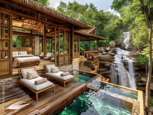 Wallpaper Mural Lush Jungle Retreat with Bamboo Loungers and Waterfalls Torontodigital.ca