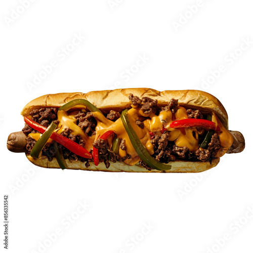 Philly Cheesesteak with Cheese Sauce, isolated on transparent background. photo