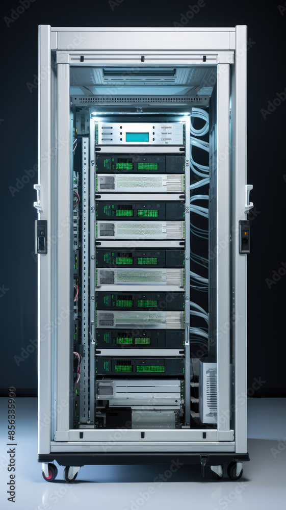 Server rack housing computing equipment with wires showing in data center Server rack housing computing equipment with wires showing in data center