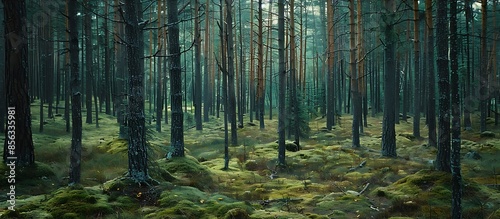 Magic pinewood lawn. Dark toned green forest. Beautiful natural background - Generative AI