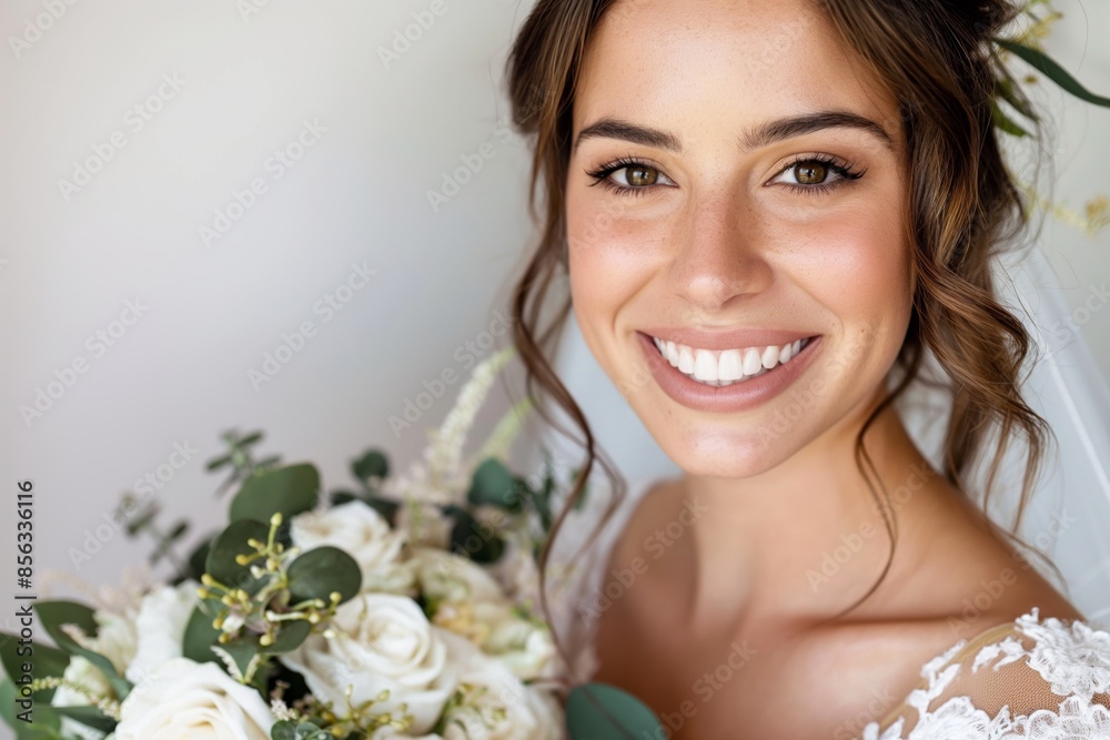 Young bride looks radiant and joyful, holding a white bouquet. Her floral hairstyle and makeup enhance her charm, capturing the essence of a romantic wedding celebration Young bride looks radiant and joyful, holding a white bouquet. Her floral hairstyle and makeup enhance her charm, capturing the essence of a romantic wedding celebration