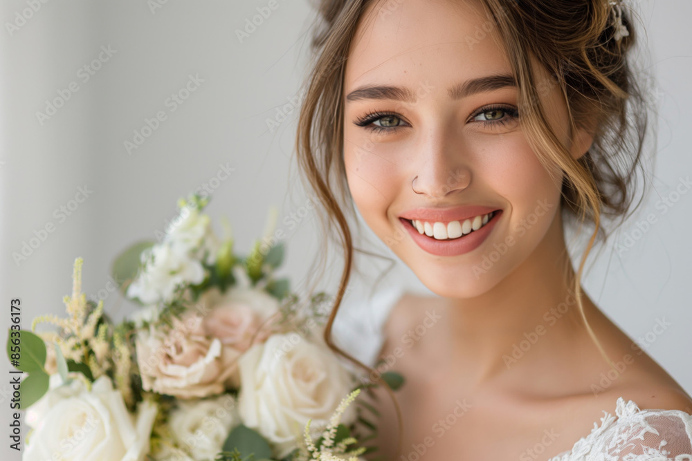Beaming bride holds a stunning bouquet of white and peach roses, radiating joy and beauty in her elegant dress, creating a romantic and fragrant atmosphere with fresh blooms in natural light Beaming bride holds a stunning bouquet of white and peach roses, radiating joy and beauty in her elegant dress, creating a romantic and fragrant atmosphere with fresh blooms in natural light