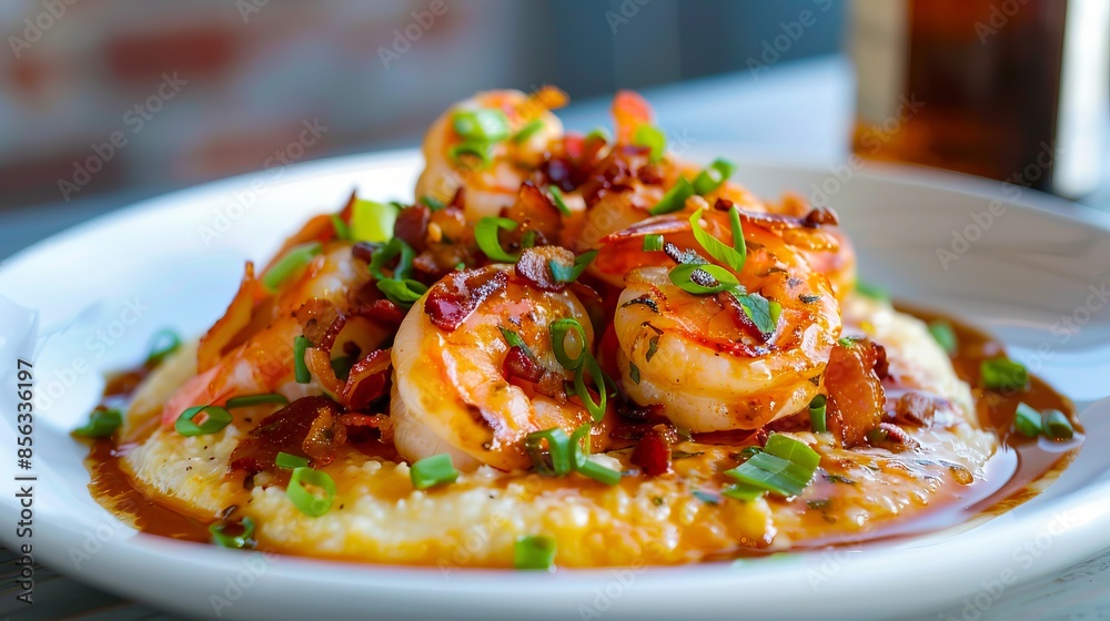 A plate of shrimp and grits with bacon. A plate of shrimp and grits with bacon.