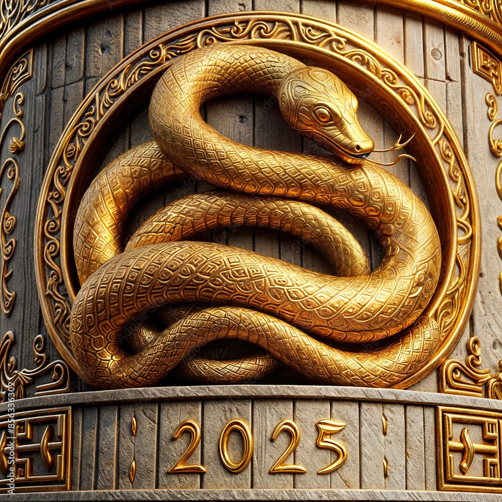 Golden snake, symbol of the year 2025, lying on a stone Stock ...