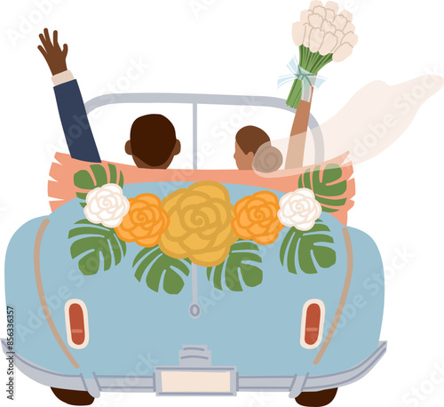 Just married bride and groom in car wedding invitation. Vector doodle illustration.