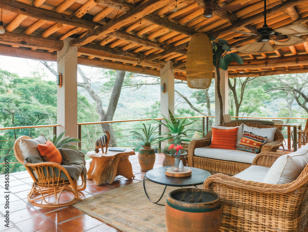 Fototapeta premium Breezy Hilltop Veranda with Wicker Rockers and Windmill Views