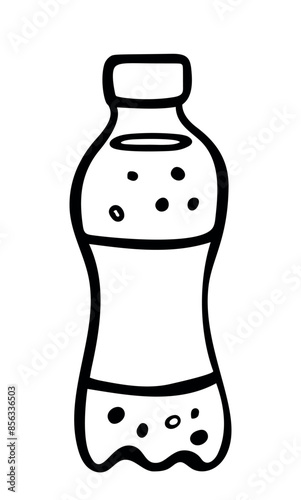 Hand drawn lemonade bottle doodle icon in isolated on a white background. Hand drawn cola bottle black sketch. Decoration element. Vector illustration.