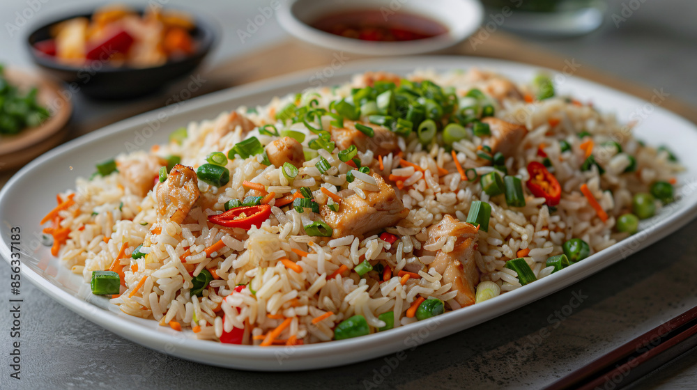 Chinese mixed rice on a white plated garnished beautifully Chinese mixed rice on a white plated garnished beautifully