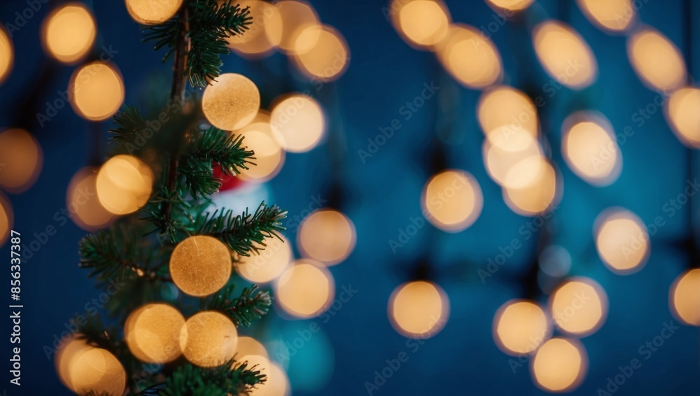 Christmas garland bokeh lights over blue background Minimalist holiday illumination. Christmas garland bokeh lights over blue background Minimalist holiday illumination.