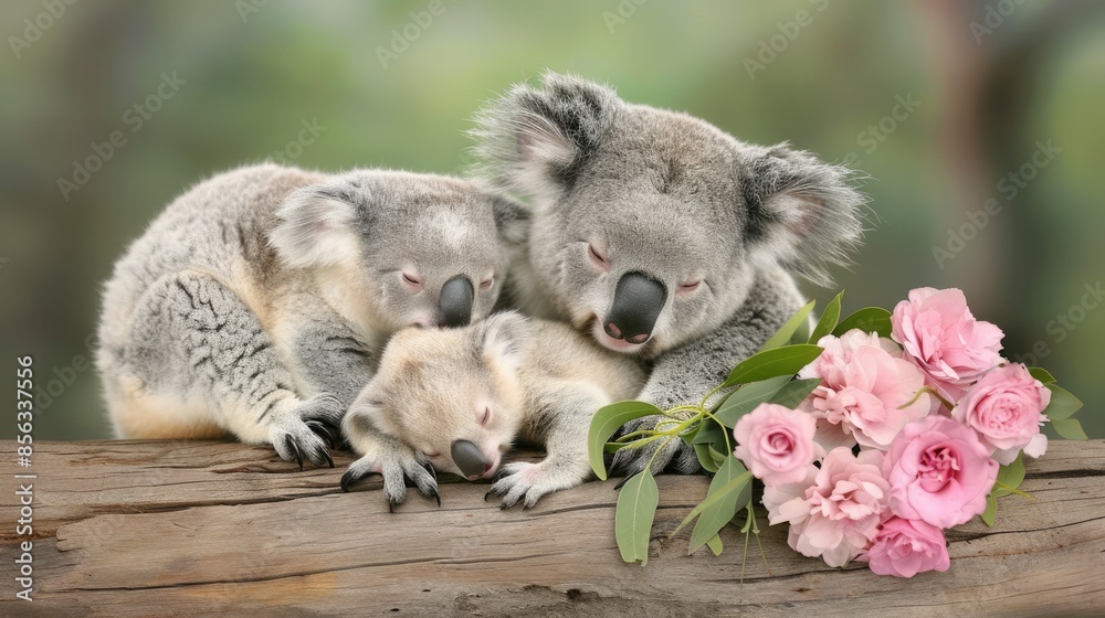 A koala bear is sleeping on a tree branch in its natural habitat, Australia. The koala is nestled in the branch, resting comfortably A koala bear is sleeping on a tree branch in its natural habitat, Australia. The koala is nestled in the branch, resting comfortably