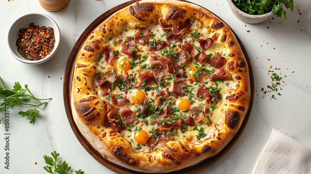 Pizza in a white background with condiments top down view