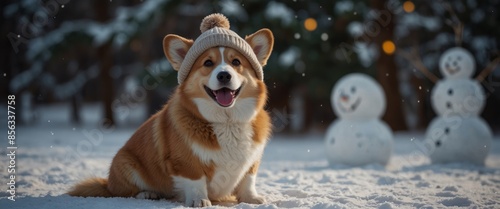 cute corgi dog puppy in a warm hat is sitting in a winter christmas park next to a snowman. photo