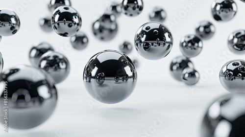 A digital rendering of many metallic silver spheres floating in front of a white background