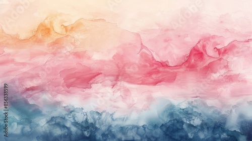 The image is a watercolor painting of a sunset