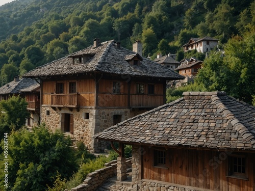 Old traditional houses with slate roofing tiles in Leshten, Bulgaria.