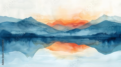 The watercolor painting shows a beautiful mountain landscape with a lake in the foreground