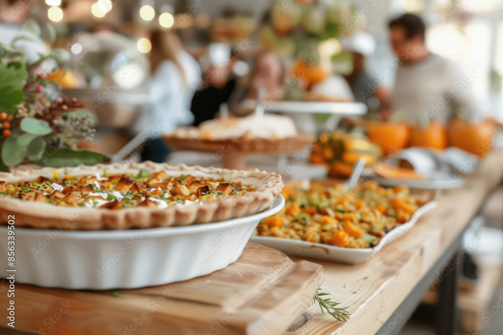 Thanksgiving family dinner. Traditional pumpkin pie and vegan meal close up, with blurred happy people around the table celebrating the holiday. Thanksgiving family dinner. Traditional pumpkin pie and vegan meal close up, with blurred happy people around the table celebrating the holiday.