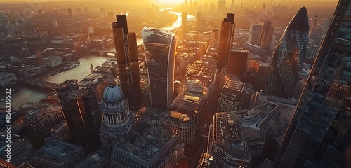 Rooftop view over London city at sunset, UK, London. The Garden at 120 Fenchurch Street, looking West with view of the financial district and St Paul's cathedral
