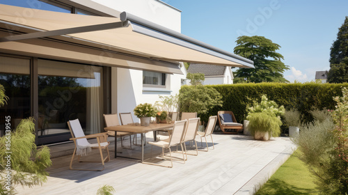 Modern retractable awning providing shade for outdoor patio furniture © Александр Марченко