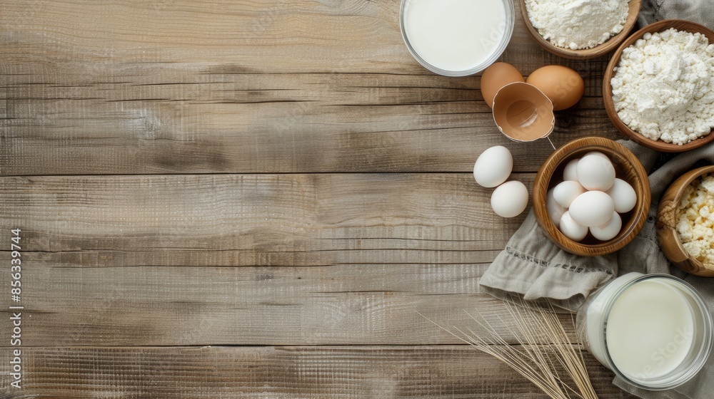 A rustic wooden table with a brown cloth and fresh eggs, cottage cheese, and milk on it