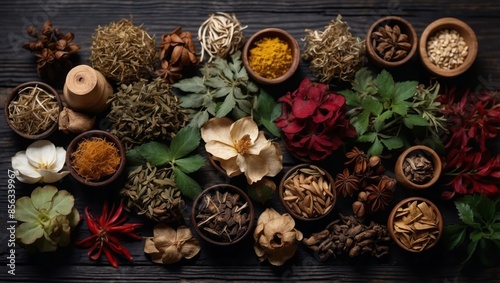Traditional chinese herbs used in alternative herbal medicine on dark wood background Top view.