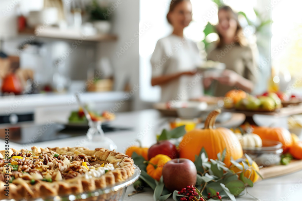 Fototapeta premium Thanksgiving family dinner. Traditional pumpkin pie and vegan meal close up, with blurred happy people around the table celebrating the holiday.