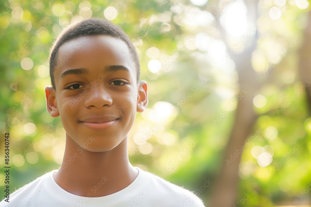 Happy african american boy smiles outdoors on a sunny day, surrounded by greenery. His carefree expression captures the essence of youth and growth Happy african american boy smiles outdoors on a sunny day, surrounded by greenery. His carefree expression captures the essence of youth and growth