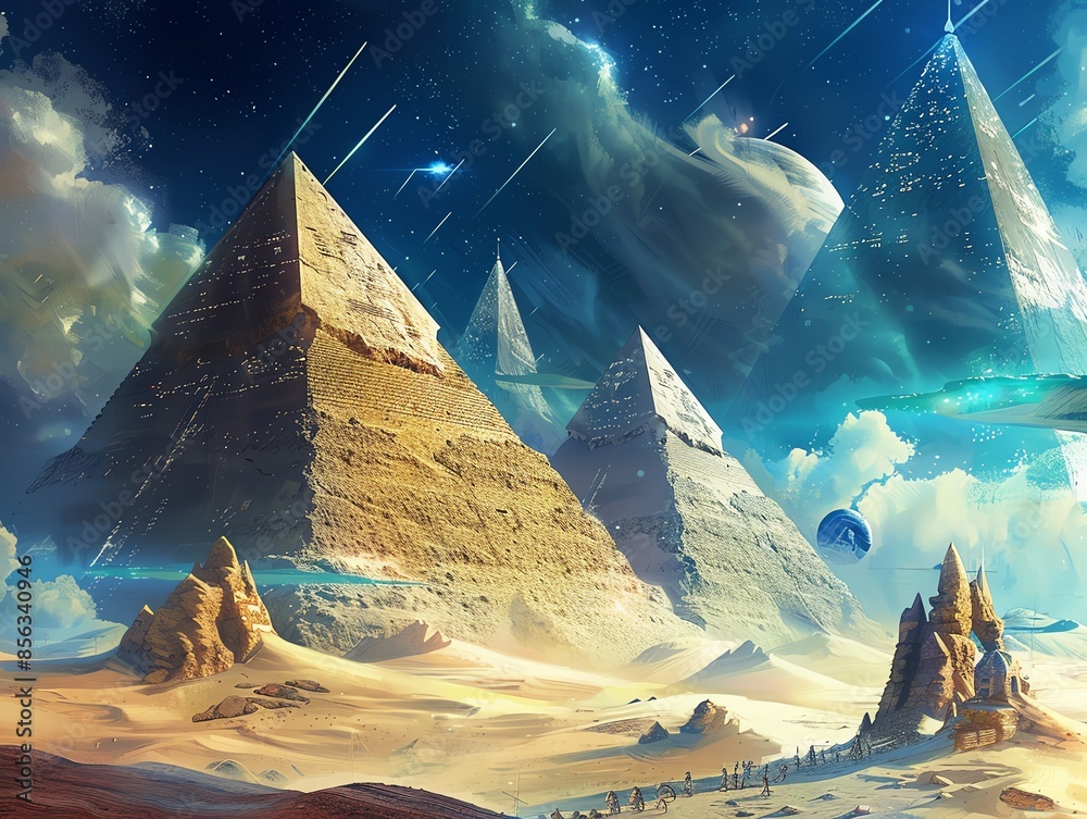 Depict how the pyramids were built by aliens in a detailed digital art ...