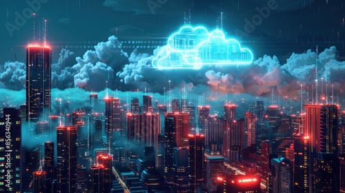 A futuristic city skyline at night illuminated. cloud computing connectivity concept © zipop