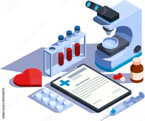 concept with isometric medical supplies and microscope, vector illustration