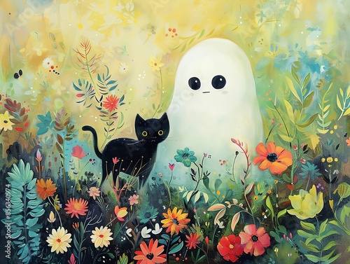 Design a whimsical oil painting of a cute white ghost and black cat with flowers and greenery