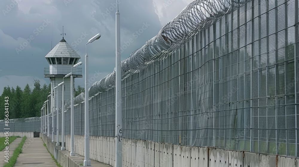 A tall chain-link fence topped with razor wire surrounds a pathway leading away from the camera A tall chain-link fence topped with razor wire surrounds a pathway leading away from the camera