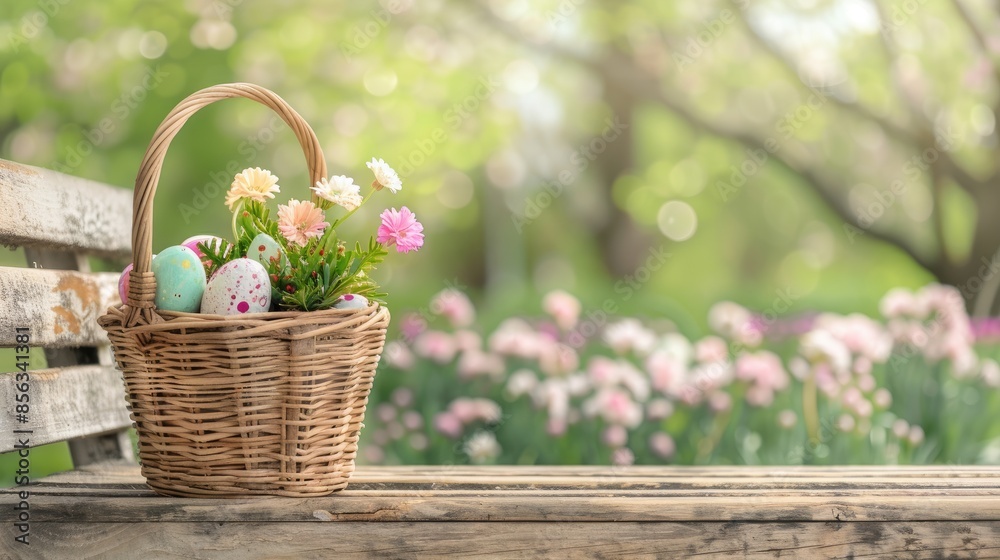 A wicker basket filled with colorful Easter eggs and spring flowers sits on a wooden table against a blurred background of blooming trees A wicker basket filled with colorful Easter eggs and spring flowers sits on a wooden table against a blurred background of blooming trees