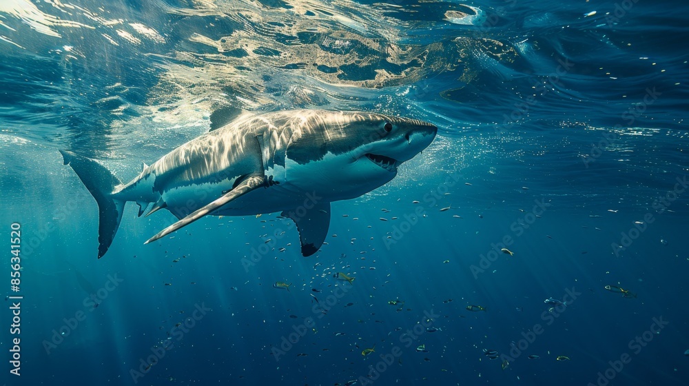 Fototapeta premium a massive shark gracefully glides through the deep blue ocean, symbolizing the beauty of underwater wildlife