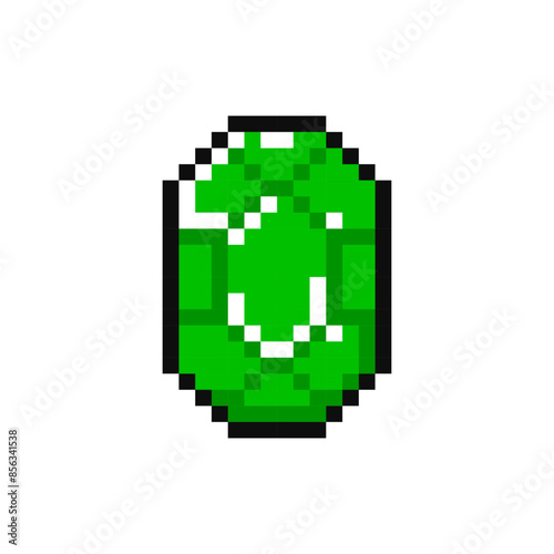 Emerald, pixel item for game interface. Emerald magic game element. Gemstone, 8 bit resource.