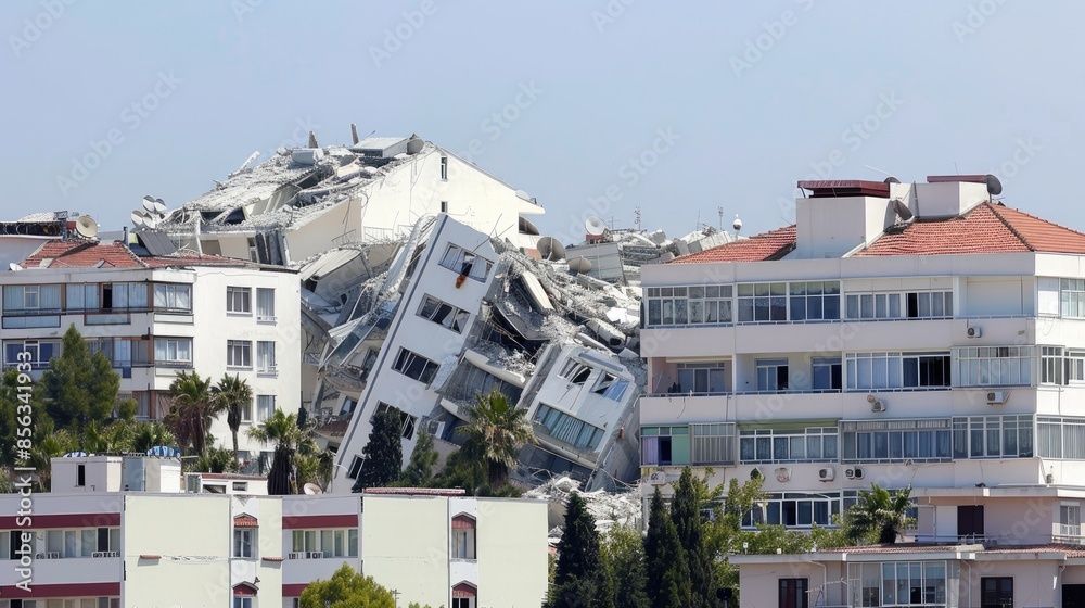 A collapsed apartment building lies in ruins after a recent earthquake, highlighting the devastation caused by natural disasters A collapsed apartment building lies in ruins after a recent earthquake, highlighting the devastation caused by natural disasters