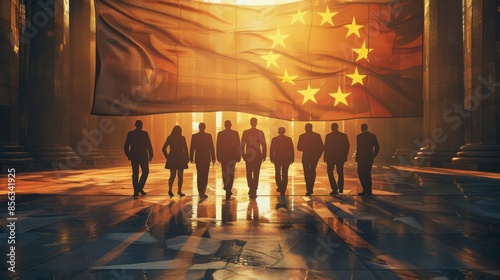 European Union politics concept image with people standing with their backs photo