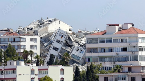 A collapsed apartment building lies in ruins after a recent earthquake, highlighting the devastation caused by natural disasters photo