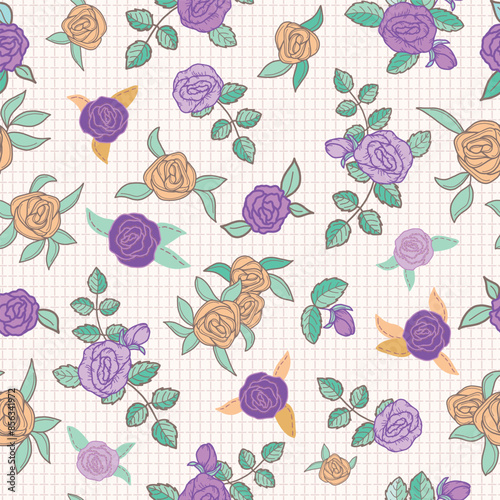 Purple, Lavender and Gold Roses with Leaves Scattered on Texture seamless pattern print background