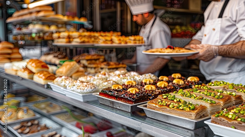 A baker carefully arranges freshly baked pastries on a display in an open-air market A baker carefully arranges freshly baked pastries on a display in an open-air market