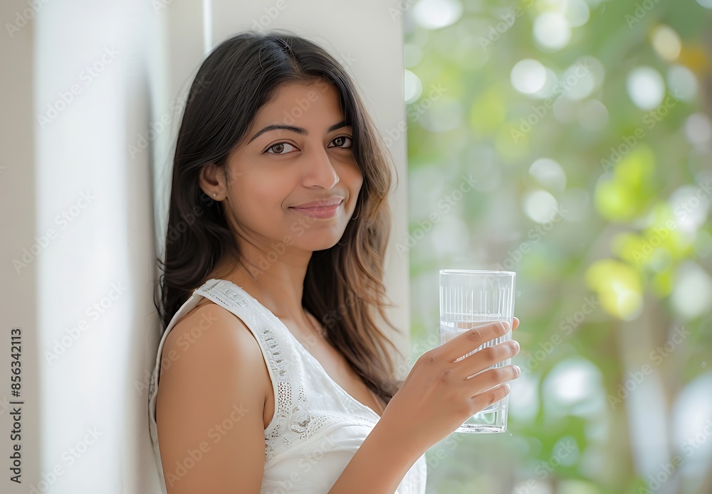 Portrait of confident Indian woman holding tea cup against wall at home Portrait of confident Indian woman holding tea cup against wall at home
