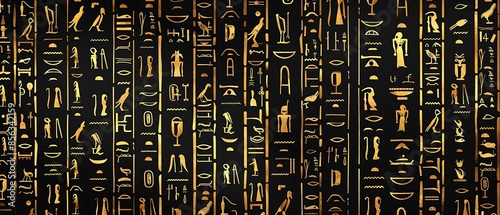 Ancient golden egyptian hieroglyphs alphabet pattern over black background. Ancient Egyptian and ancient culture concept - Generative AI