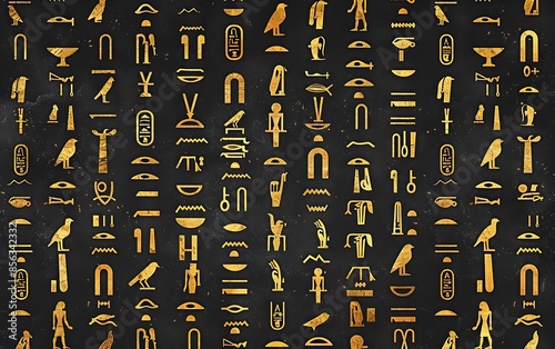 Ancient golden egyptian hieroglyphs alphabet pattern over black background. Ancient Egyptian and ancient culture concept - Generative AI