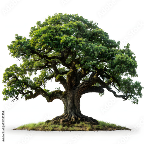 oak tree in full leaf in summer standing alone isolated on white background, vintage, png photo
