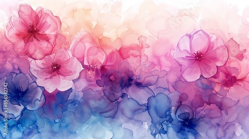 The image shows a watercolor painting of pink, blue, and purple flowers