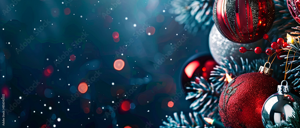 Red Christmas ornaments and berries with frosted pine branches on a dark blue background with bokeh lights. Concept: holiday cheer and winter festivity. Ideal for holiday greeting cards, Christmas Red Christmas ornaments and berries with frosted pine branches on a dark blue background with bokeh lights. Concept: holiday cheer and winter festivity. Ideal for holiday greeting cards, Christmas