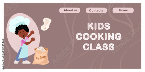 Kids Cooking class landing page. Web banner of Culinary school for children online. Workshop or blog backdrop. Little Chef boy works wonders with dough. Vector illustration