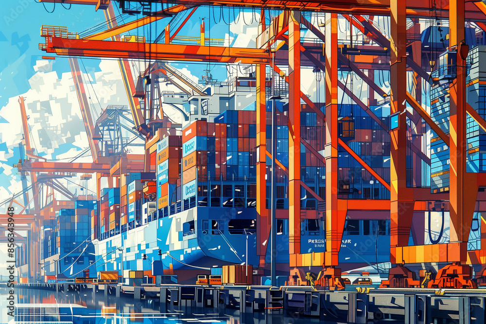 Bustling Cargo Port with Container Cranes in Vibrant Colors Bustling Cargo Port with Container Cranes in Vibrant Colors